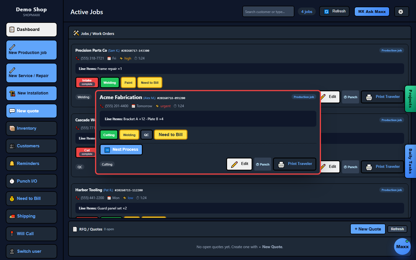 ShopMaxx dashboard with active jobs