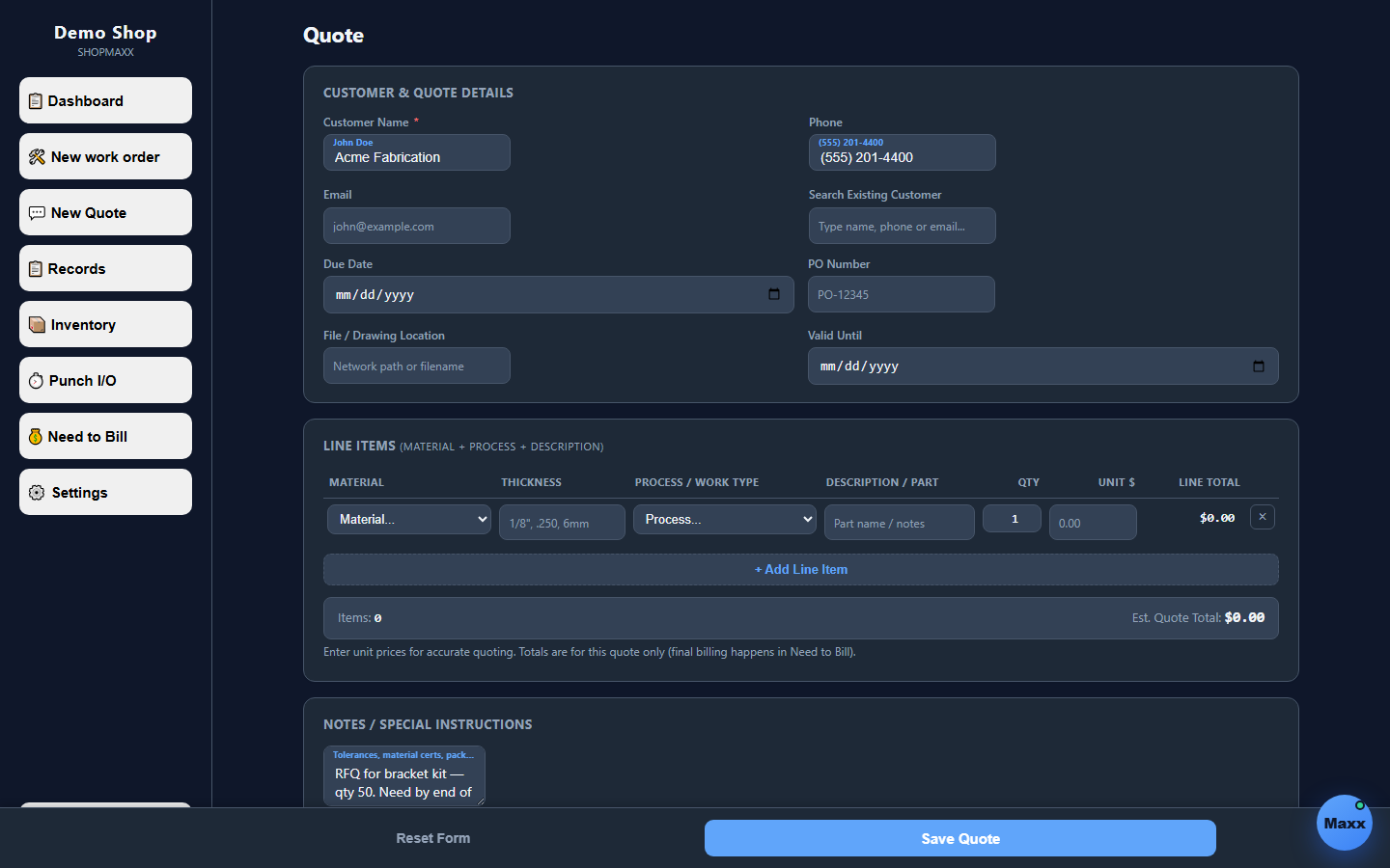 ShopMaxx quote builder