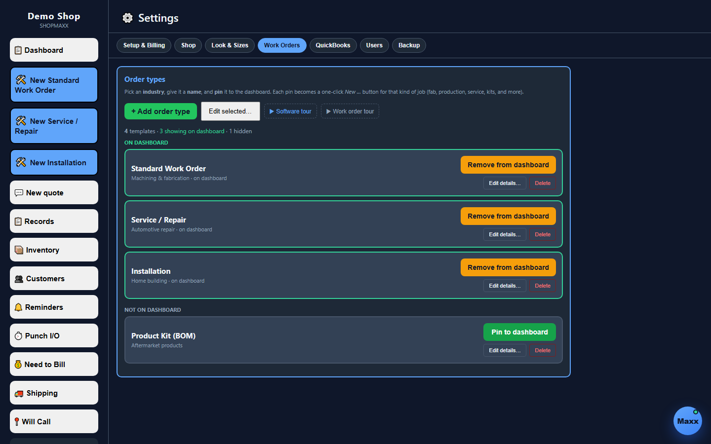 ShopMaxx order types setup
