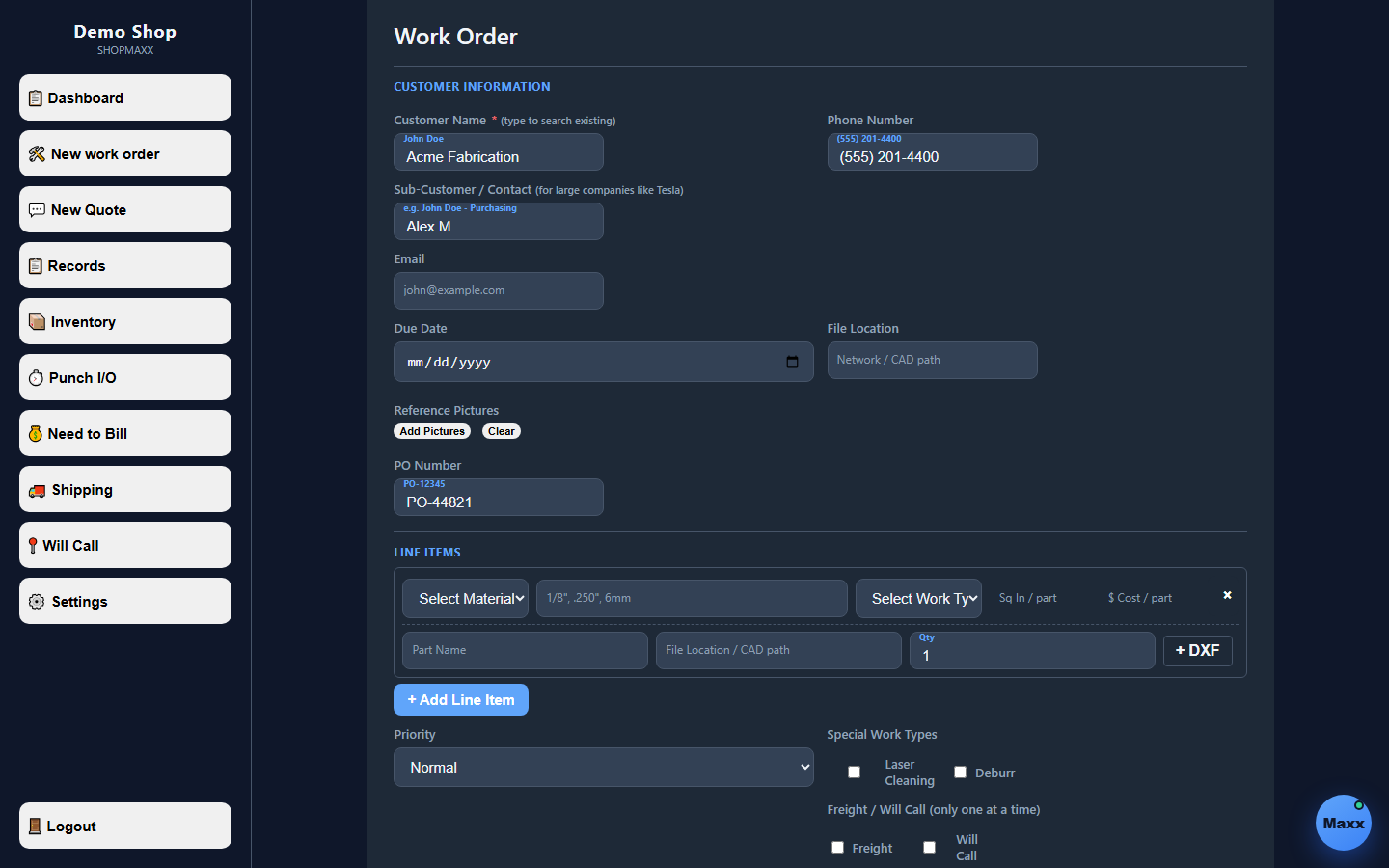 ShopMaxx work order form
